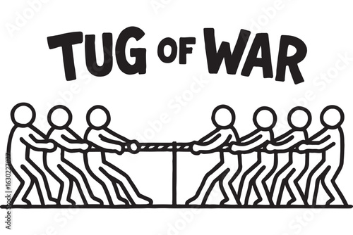 Tug of war game with two teams of stick figures pulling a rope. Simple hand drawn line art for a fun sport illustration.
