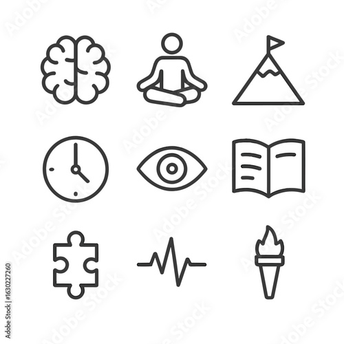 Mental Endurance Icons. Outline icon set of mental endurance: brain, meditation pose, mountain peak, clock, focused eye, open book