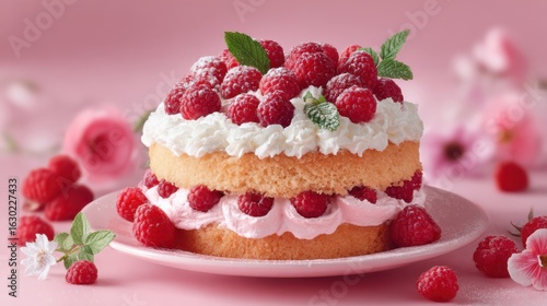 Delicious raspberry cake with layers of whipped cream and fresh raspberries adorned with mint leaves on a pink background
