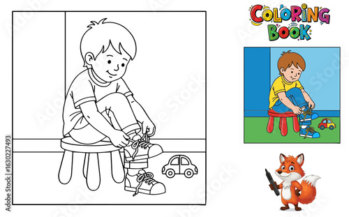 Young boy coloring and tying shoes with toy car in coloring book  