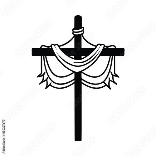 christian cross with crown of thorns and drape on white background 