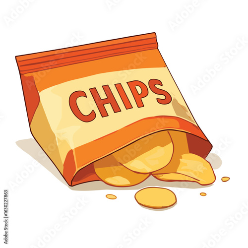 Open Red Chips Bag with Falling Crisps – Tasty Potato Snack Vector	