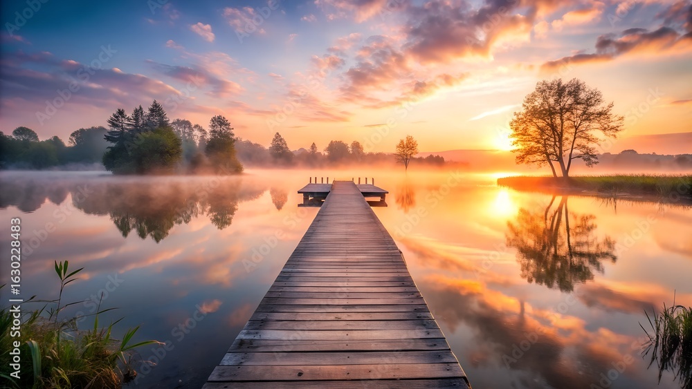 Naklejka premium Serene sunrise over a calm lake with a wooden pier extending into the water, reflecting the colorful sky and morning mist