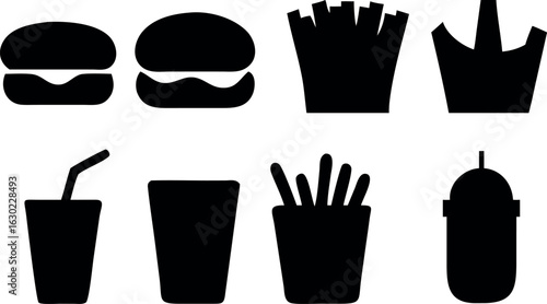 Black silhouette icons of fast food and drinks