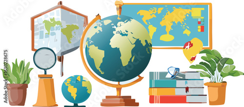 Geography Lesson Scene with Globe, Maps, and Educational Posters Displayed