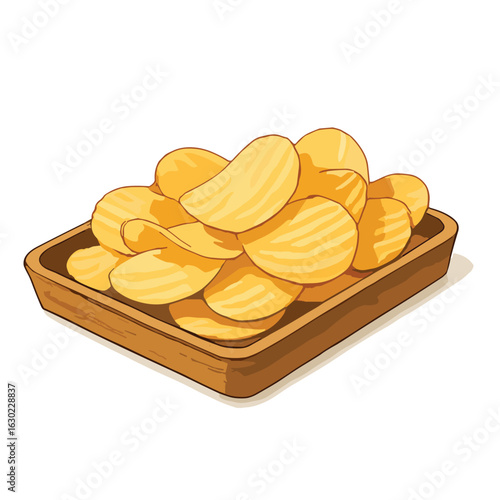 Wooden Tray Full of Crispy Potato Chips – Party Snack Serving Vector	