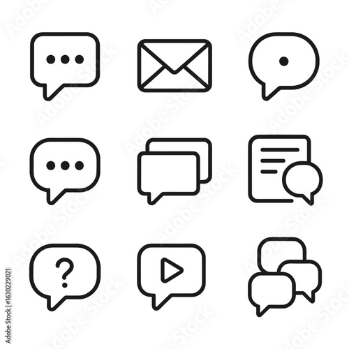 Messaging Icons Grid. Outline icon set of message platforms: SMS app, email client, social media messenger, chat app, forum