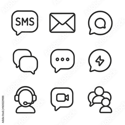 Messaging Icons Grid. Outline icon set of message platforms: SMS app, email client, social media messenger, chat app, forum
