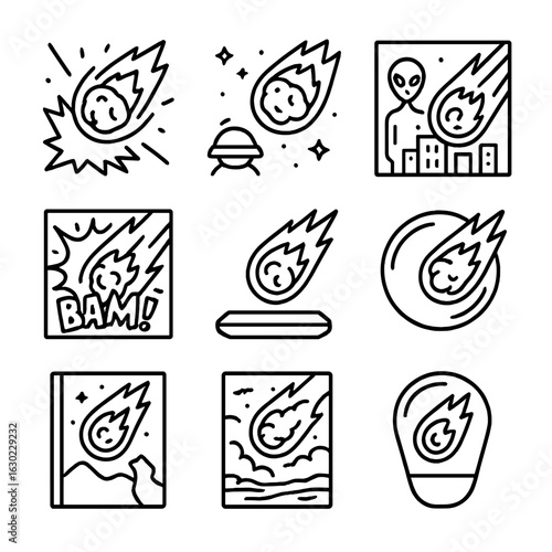 Meteor Icon Collection. Outline icon set of meteor in pop culture: sci-fi explosion, alien encounter, blockbuster movie, comic