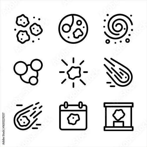 Meteorite Events Icons. Outline icon set of meteorite timeline events: formation epoch, parent body differentiation, solar system