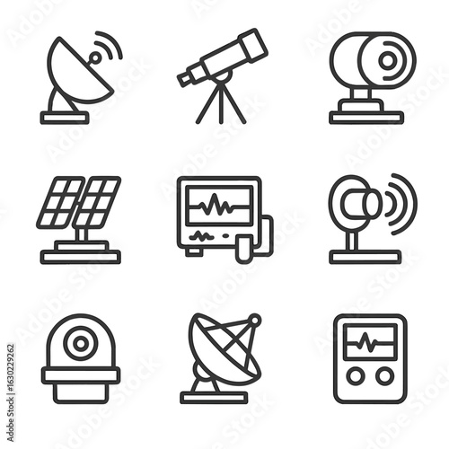 Meteor Detection Icons. Outline icon set of meteor detection: radar antenna, optical telescope, infrared sensor, satellite array,