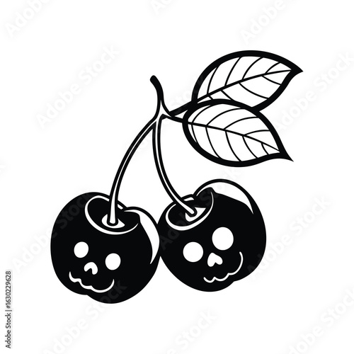dark blossom cherries with skull faces on white background 