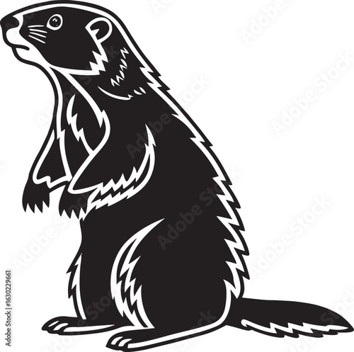 Black and white illustration of a groundhog standing on its hind legs marmot rodent.eps