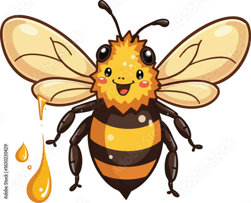 A happy cartoon bee with a cute smile flies towards a flower