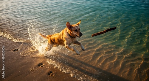 Golden retriever dog playfully fetching a stick in shallow water at a beach during sunset. Water splashes around the dog as it leaps. Warm, golden light illuminates the scene.