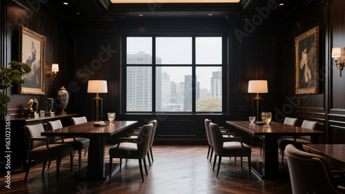 Elegant Dark Wood Dining Room with City View