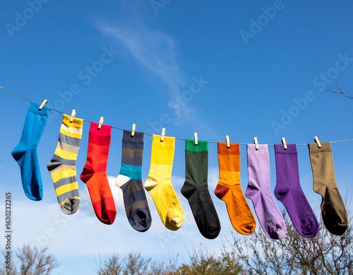 Colorful socks drying on a clothesline against a clear blue sky