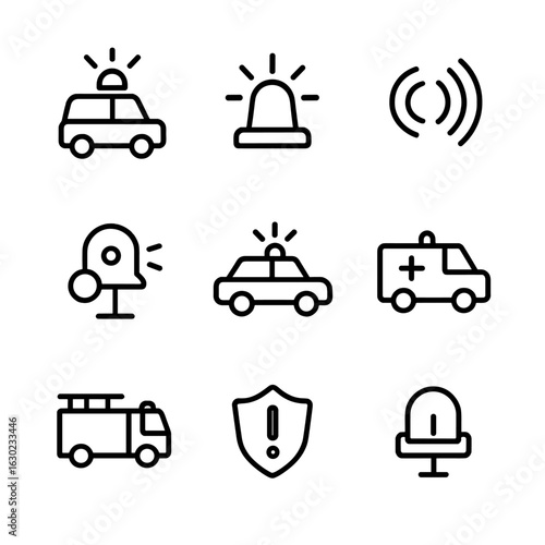 Minimalist Icon Set. Outline icon set of siren howl: emergency vehicle outline, siren light beacon, rotating light lines,