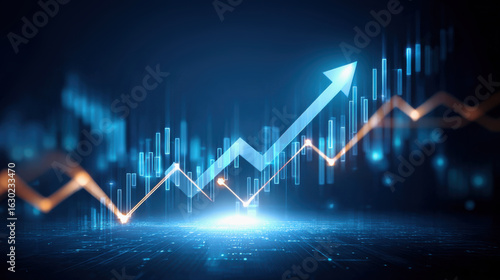 Global economic growth concept. A digital visualization of a financial graph, showcasing an upward trend with glowing blue and orange elements against a dark background.