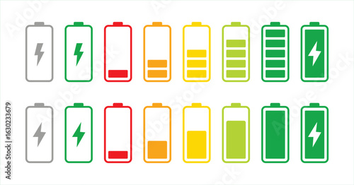 Battery level indicators. Colorful battery charge level icons. Battery power level pictograms in outline style. Vector Isolated on white background