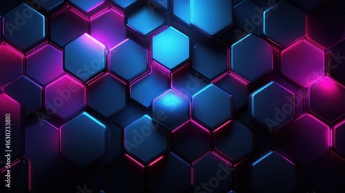 Abstract hexagonal pattern, vibrant neon pink and blue