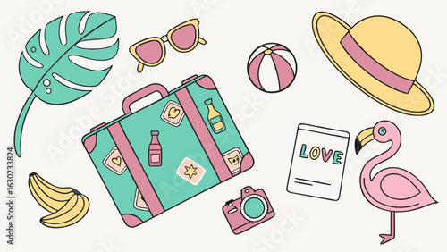 Colorful Summer Vacation Essentials Illustration.