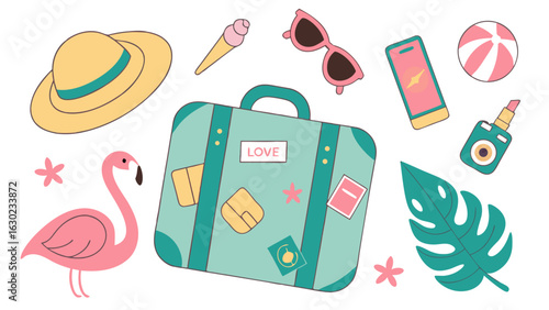 Colorful Summer Vacation Essentials with Suitcase.