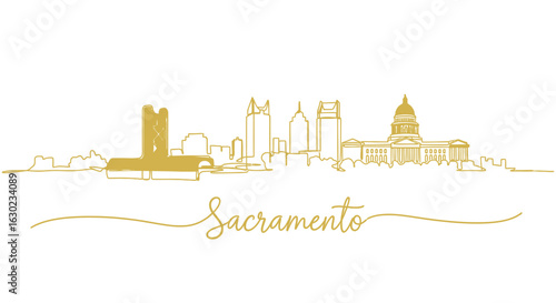 Sacramento City Skyline Gold Line Art on White Background.