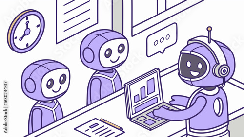 Cute Robots Working in a Modern Office.