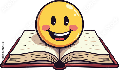 A cheerful cartoon child learns about education and knowledge from an open book on a white background