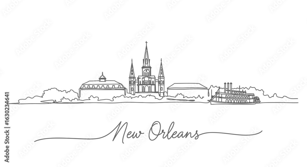 Obraz premium New Orleans Skyline Line Art Silhouette with Travel, and Cityscape.