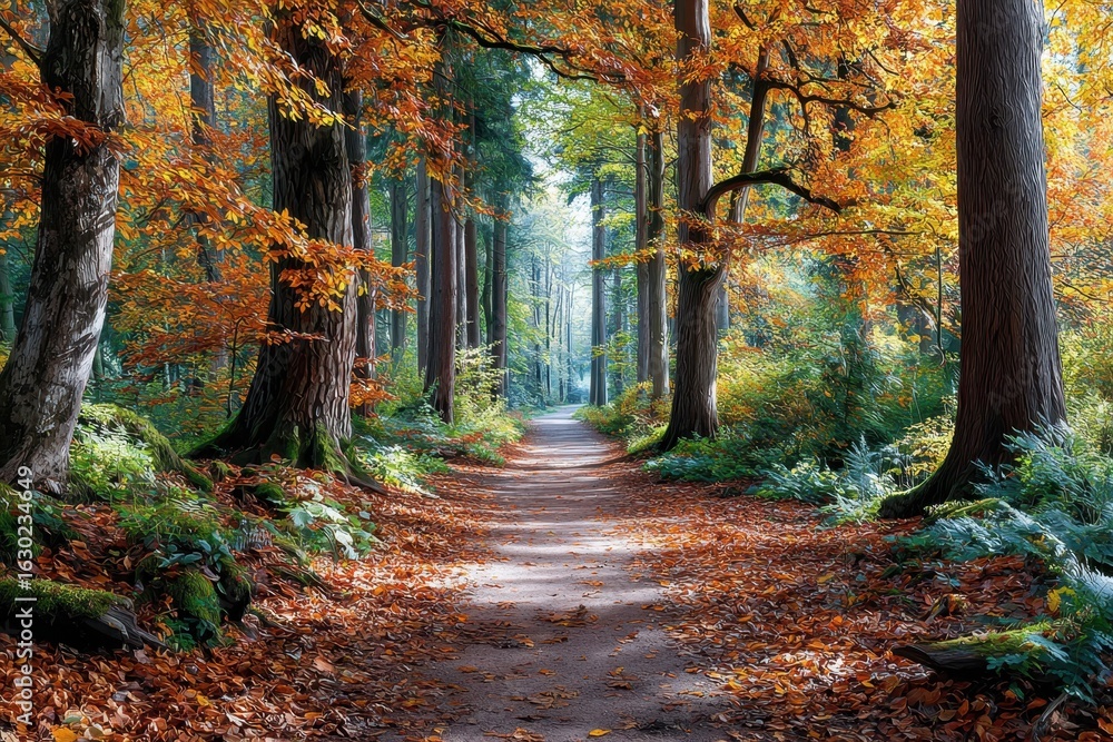 Obraz premium Autumn forest pathway surrounded by vibrant fall foliage and tall trees