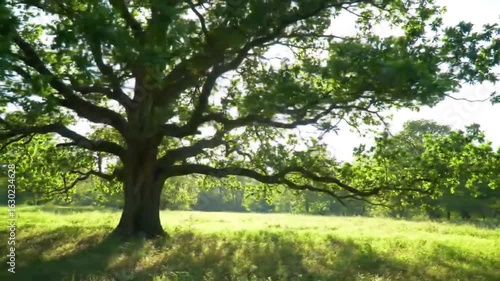 Majestic Oak Tree Bathed in Sunlight, Green Field, Summer Landscape