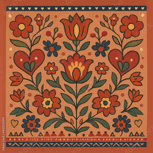 Colorful symmetrical floral folk art inspired by traditional Pennsylvania Dutch or Scandinavian rosemaling patterns, featuring tulips, hearts, and bold geometric borders in a hand-painted style.