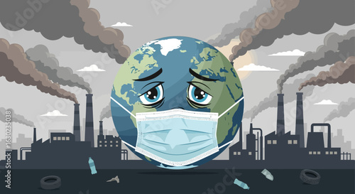 A conceptual illustration of a sad planet Earth wearing a protective mask against a polluted industrial landscape with smoke from factories.