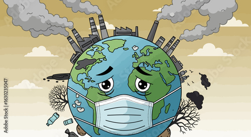 Conceptual illustration of a sad and sick planet Earth wearing a face mask due to heavy industrial air pollution.