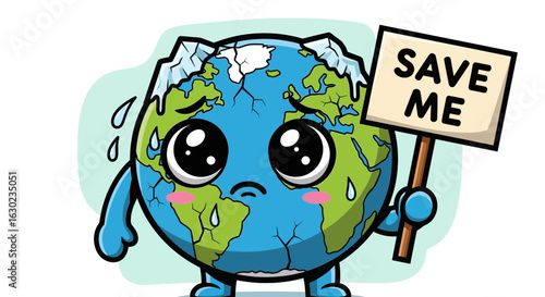 A sad cartoon planet Earth with melting ice caps holding a 'Save Me' sign. A concept illustrating global warming and the climate crisis.