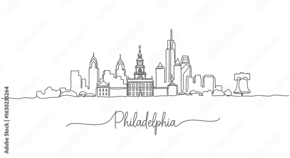 Naklejka premium Philadelphia Skyline Line Art Illustration with Cityscape, and USA.