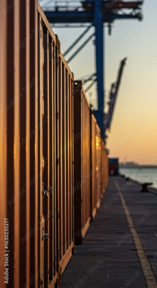 Obraz premium Close up view of shipping container at commercial port in the early morning. Logistics and global trade industry. Cargo transportation background with copy space.