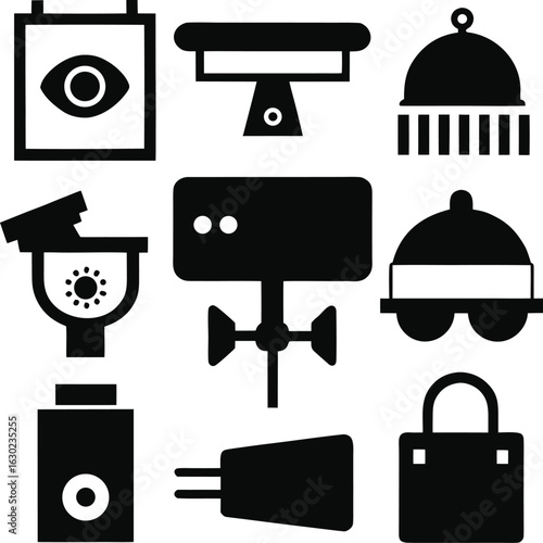 Surveillance equipment icons security cameras monitoring