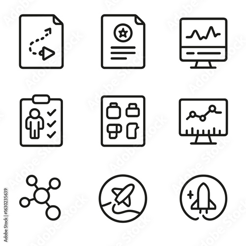 Mission Icons Set. Outline icon set of mission documentation: flight plan, status report, telemetry log, voice transcript, EVA