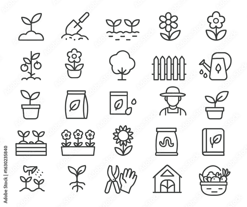 Fototapeta premium Gardening and farming thin line icon set. Plant growth vector symbols.