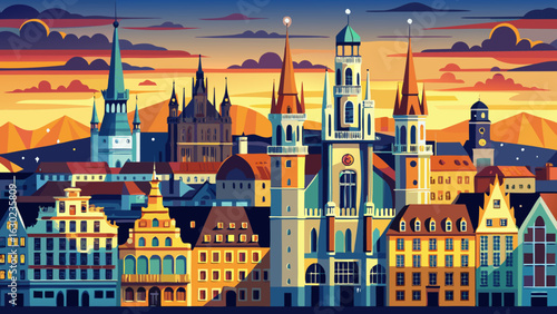 The Munich skyline glows with architectural splendor, centered on Marienplatz and its grand town hall. Gothic spires rise against a soft sky, defining the city's cultural heart with timeless beauty.