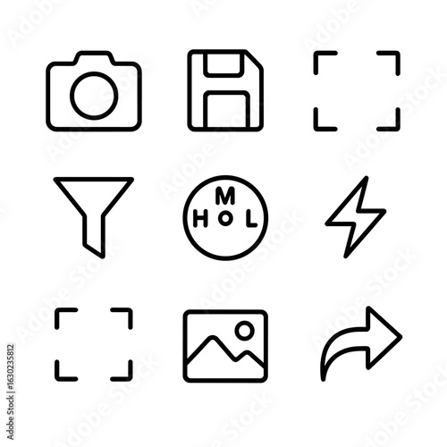 Mobile Camera Icon Set. Outline icon set of mobile camera JPEG: camera shutter, quick save icon, live preview frame, filter