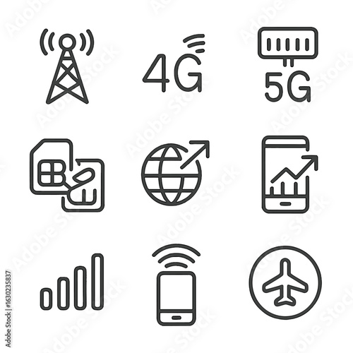 Mobile Connectivity Icons. Outline icon set of mobile connectivity: cellular tower, 4G LTE signal, 5G antenna, SIM card link,