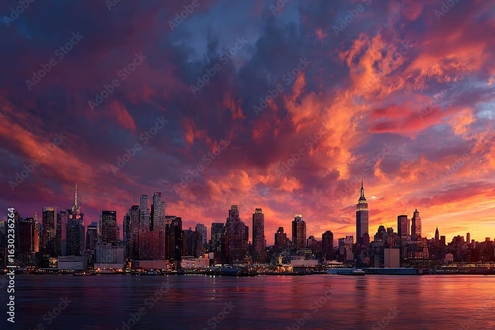 Obraz premium Colorful sunset over the New York City skyline.
