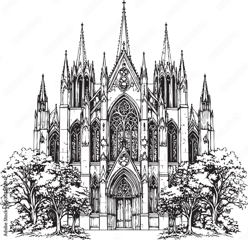Fototapeta premium Gothic Cathedral Facade with Trees, Hand-Drawn Engraving