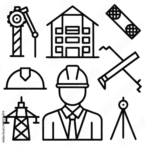 Collection of engineering and construction icons representing various professions and tools