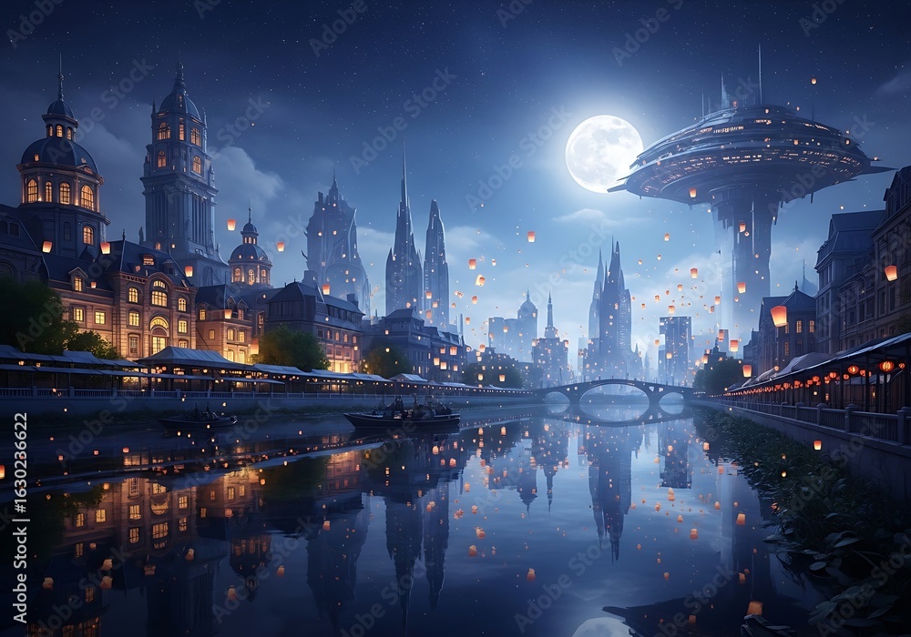 Fototapeta premium Futuristic city by a river at night.