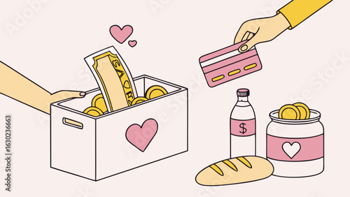 Donation Box Filled with Money Food and Drinks.